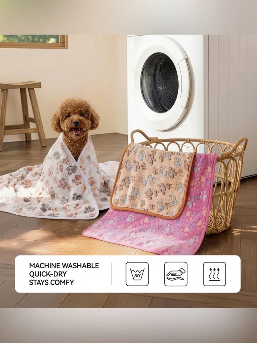Set of 3 Plush Paw-Print Fleece Throw Blanket - White, Beige, Pink